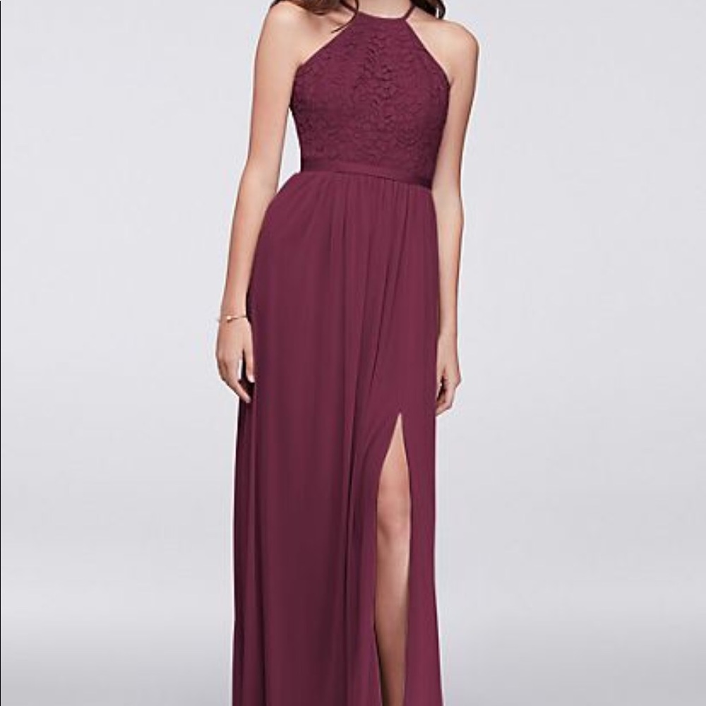 Open back lace and mesh bridesmaid dress